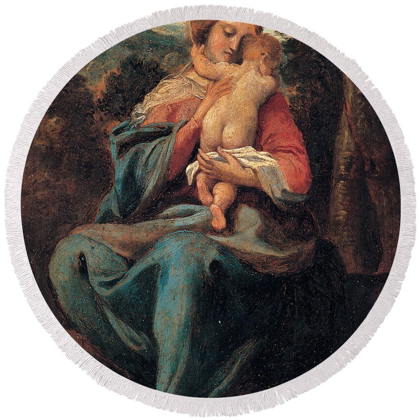 Sisto Badalocchio Round Beach Towel featuring the painting Madonna with the Child by Sisto Badalocchio