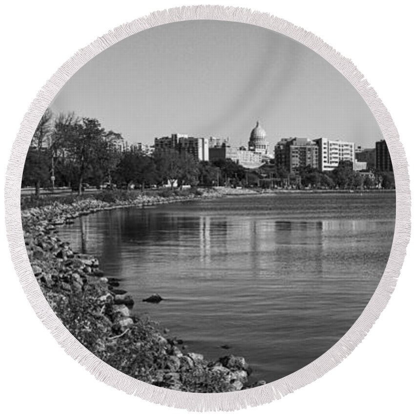 Capitol Round Beach Towel featuring the photograph Madison Skyline from John Nolan Drive - Black and White by Steven Ralser