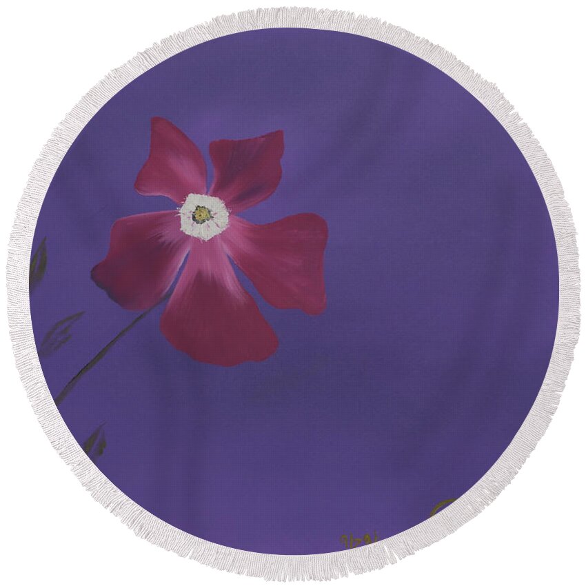 Fine Art Round Beach Towel featuring the painting Magenta Flower on Plum Background by Stephen Daddona