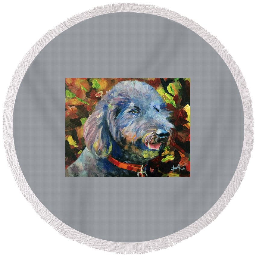 Dog Round Beach Towel featuring the painting Maggie May by Josef Kelly