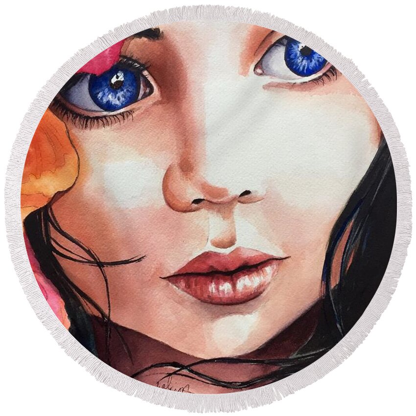 Girl Round Beach Towel featuring the painting Magic Secrets by Michal Madison