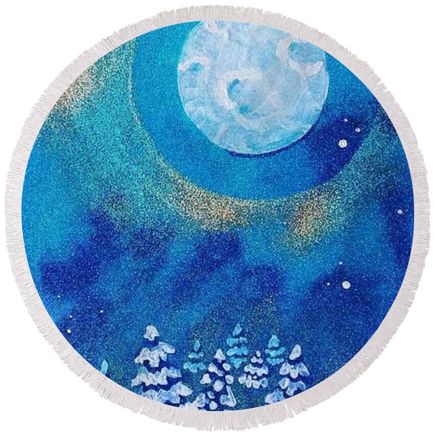 Folk Art Round Beach Towel featuring the painting Magical Night at the Cabin by Corey Habbas