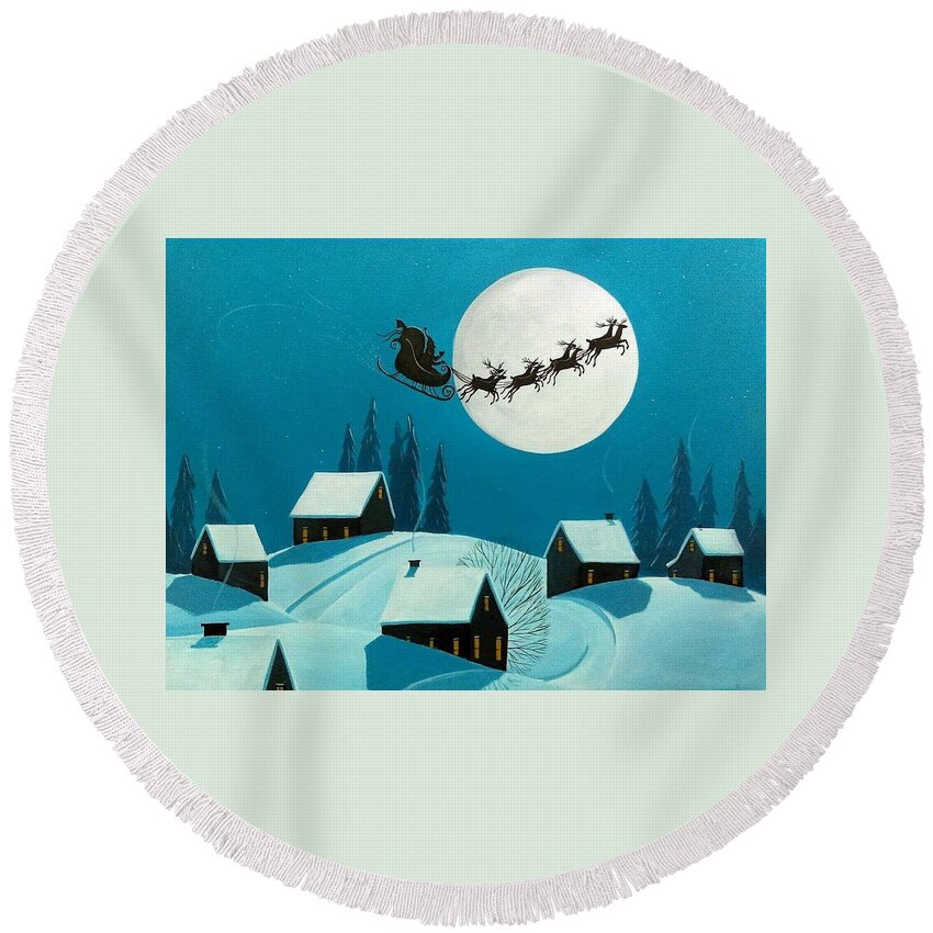 Art Round Beach Towel featuring the painting Magical Night - Santa reindeer Christmas landscape by Debbie Criswell