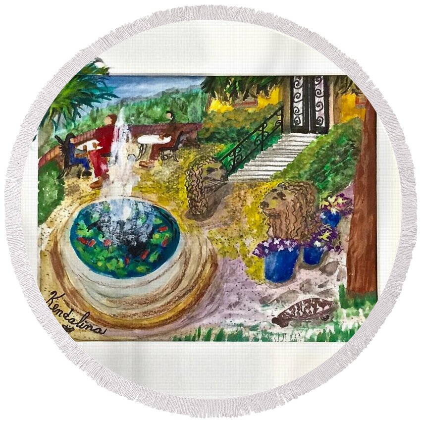 Ravizza Round Beach Towel featuring the painting Magical Palazzo Ravizza Garden, Siena, Italy by Kenlynn Schroeder