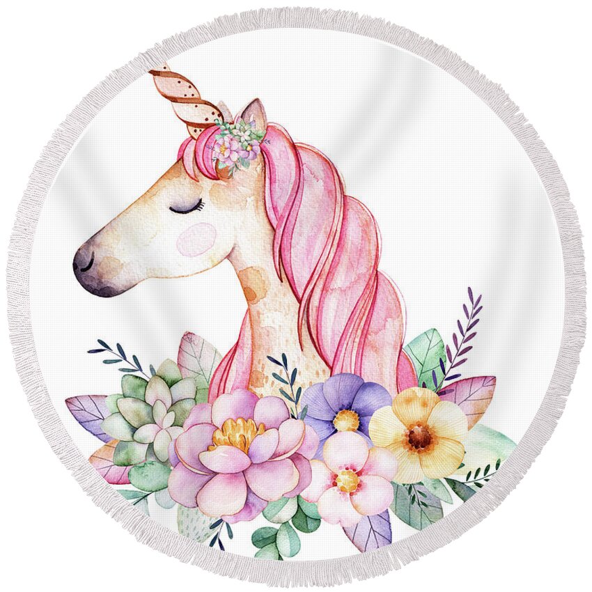 Fantasy Round Beach Towel featuring the digital art Magical Watercolor Unicorn by Lisa Spence