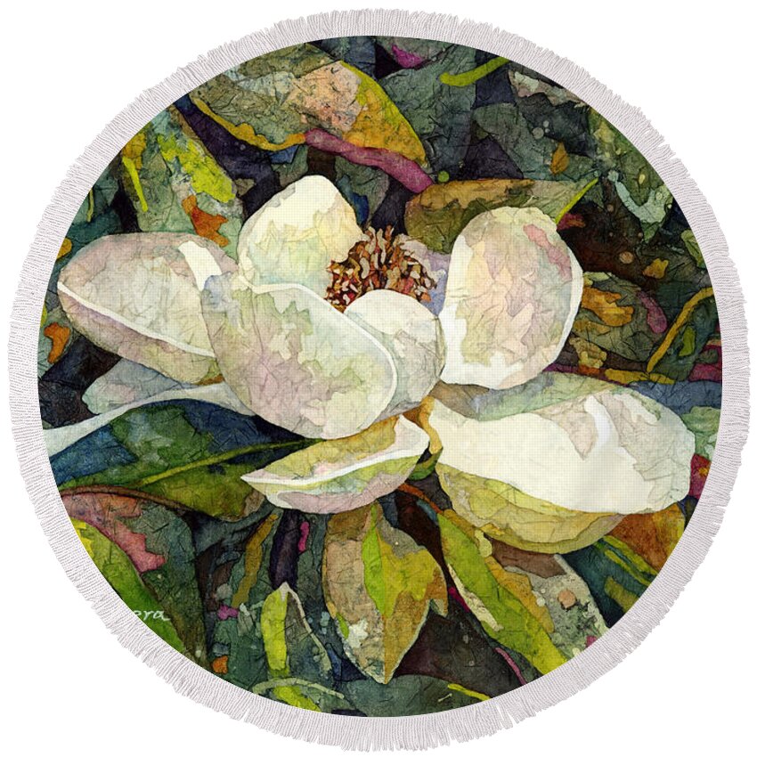 Magnolia Round Beach Towel featuring the painting Magnolia Blossom by Hailey E Herrera