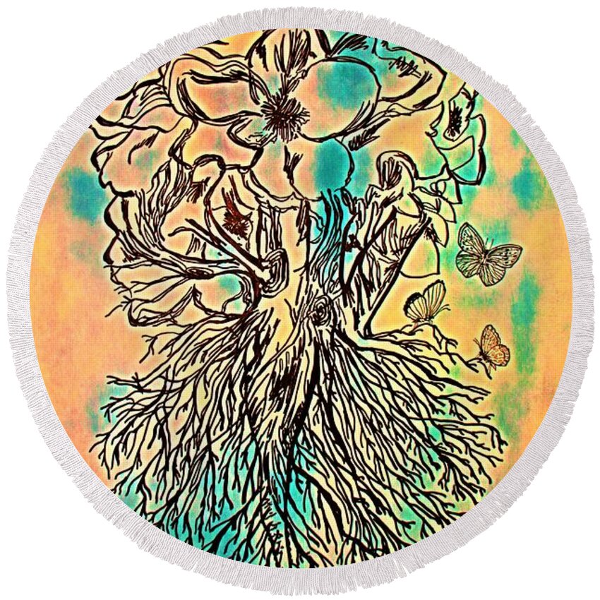 Painting Round Beach Towel featuring the painting Magnolia Roots Gold and Green by Barbara Donovan