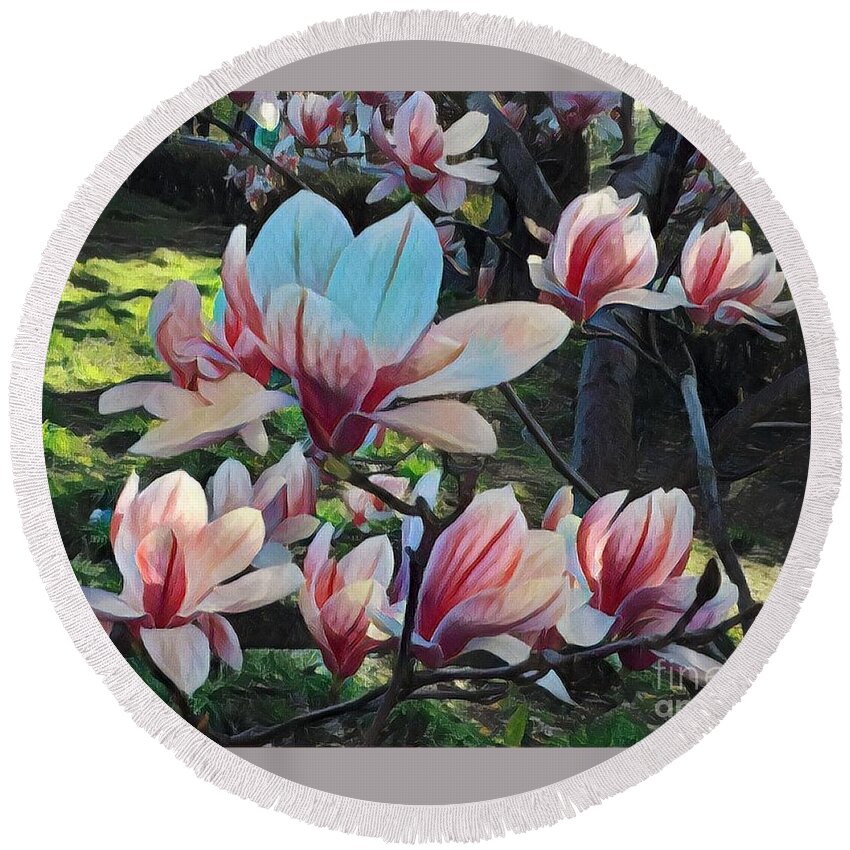 Flowers Round Beach Towel featuring the photograph Magnolias in Shade - Central Park in Spring by Miriam Danar