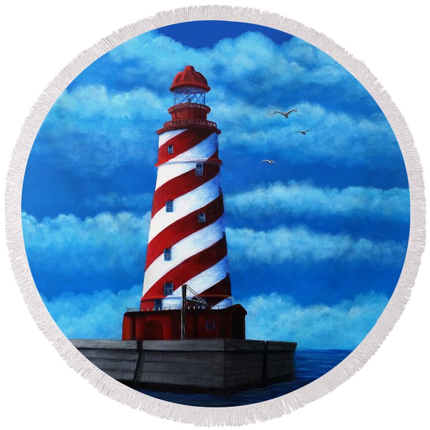 Waterscape Round Beach Towel featuring the painting Magnus's Lighthouse by Sarah Irland