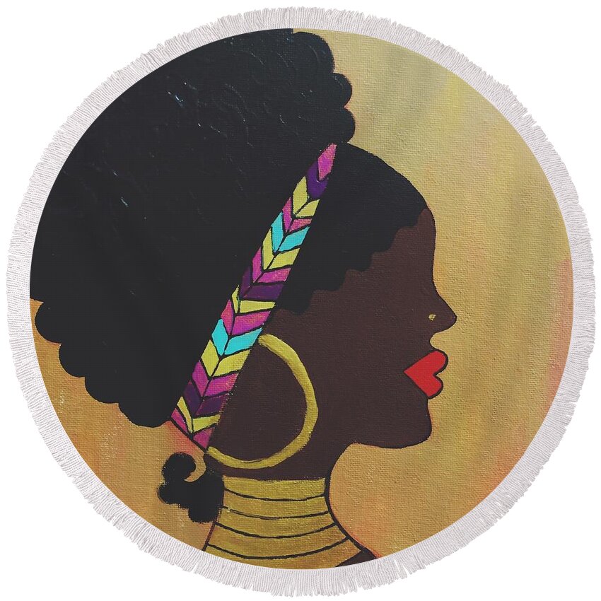 African American Woman Round Beach Towel featuring the painting Mahagoney in Gold by K Daniel