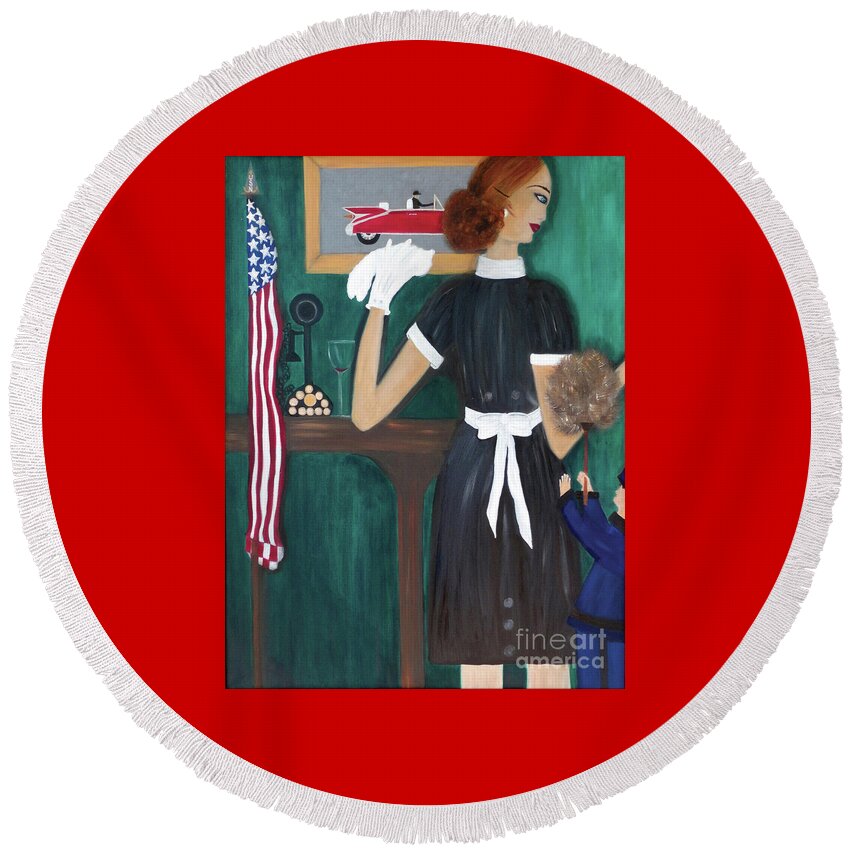 Maid Round Beach Towel featuring the painting Maid In America by Artist Linda Marie