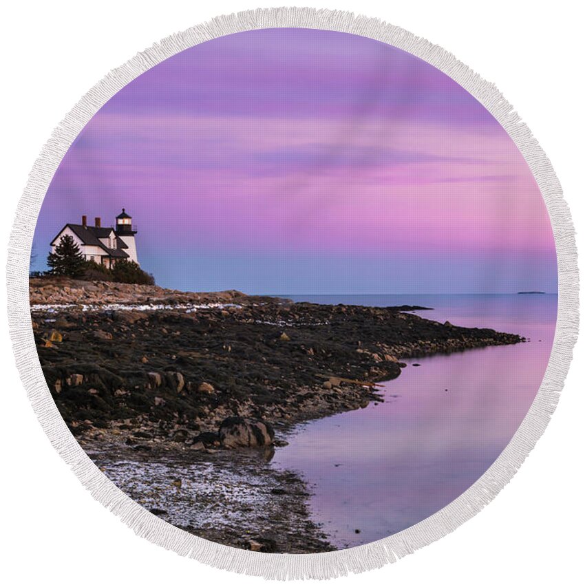Maine Round Beach Towel featuring the photograph Maine Prospect Harbor Lighthouse Sunset in Winter by Ranjay Mitra