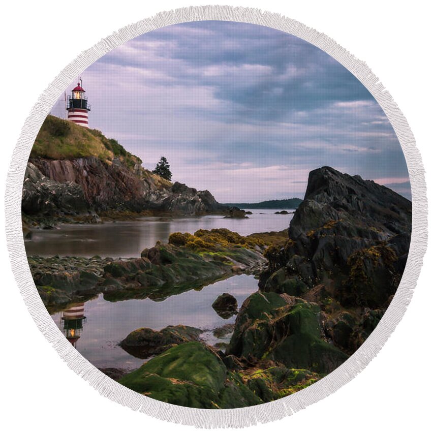 Maine Round Beach Towel featuring the photograph Maine West Quoddy Head Light Reflection at Sunset by Ranjay Mitra