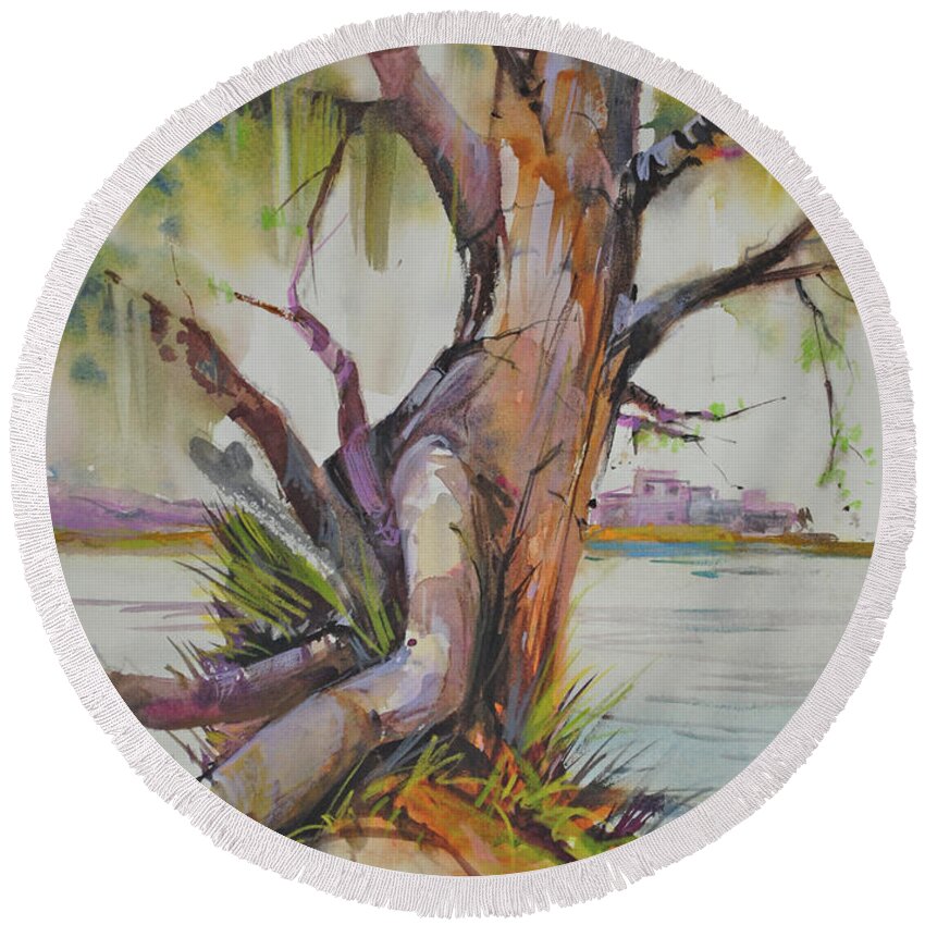 Wooded Scene Round Beach Towel featuring the painting Majestic Live Oak by P Anthony Visco