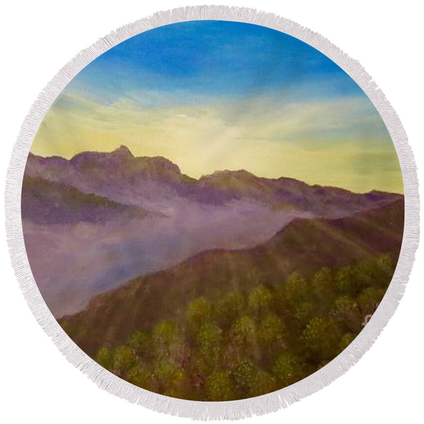 Panaromic View Sunrise Morning Superior View Mountains Evergreen Trees Mist Valley Bright Morning Sun Burst Of Light Sunrise Painting Mountain Nature Scene Acrylics Round Beach Towel featuring the painting Majestic Morning Sunrise by Kimberlee Baxter