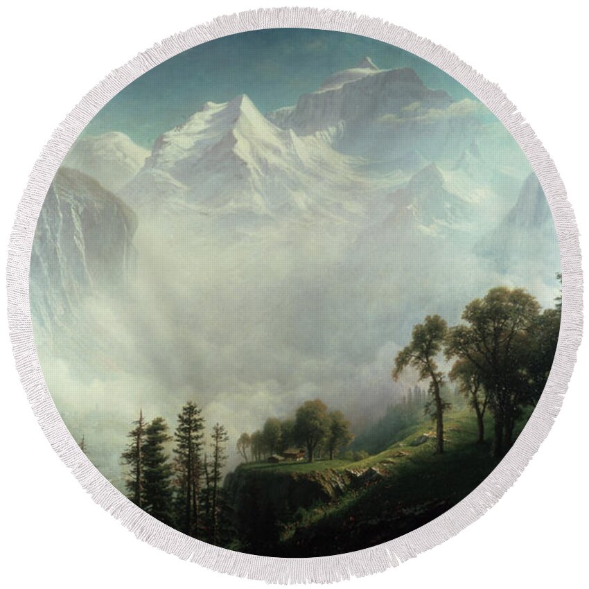 Majesty Round Beach Towel featuring the painting Majesty of the Mountains by Albert Bierstadt