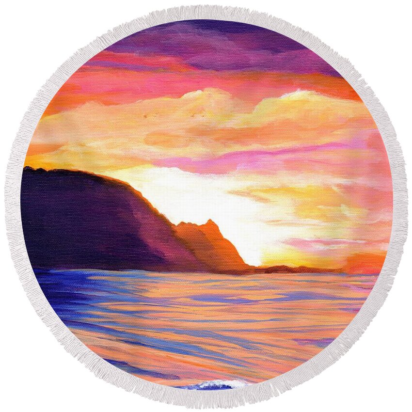 Kauai Round Beach Towel featuring the painting Makana Sunset by Marionette Taboniar