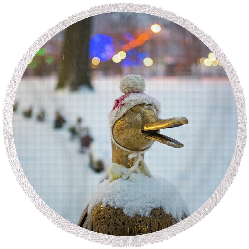 Boston Round Beach Towel featuring the photograph Make Way for Ducklings Winter Hats Boston Public Garden Christmas by Toby McGuire