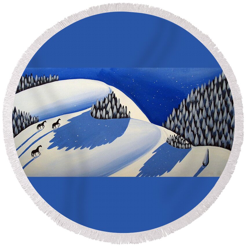 Art Round Beach Towel featuring the painting Making The Peak - modern winter landscape by Debbie Criswell