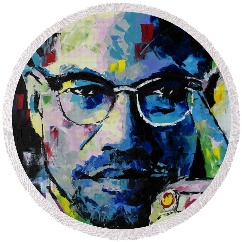 Malcolm X Round Beach Towel featuring the painting Malcolm X by Richard Day