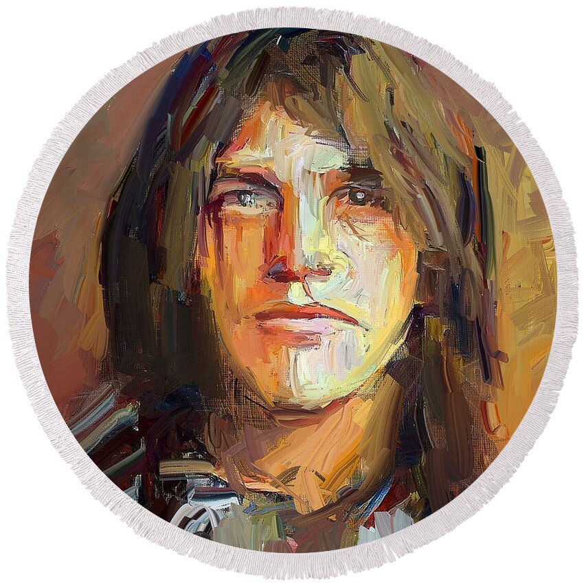 Malcolm Round Beach Towel featuring the digital art Malcolm Young ACDC Tribute Portrait by Yury Malkov
