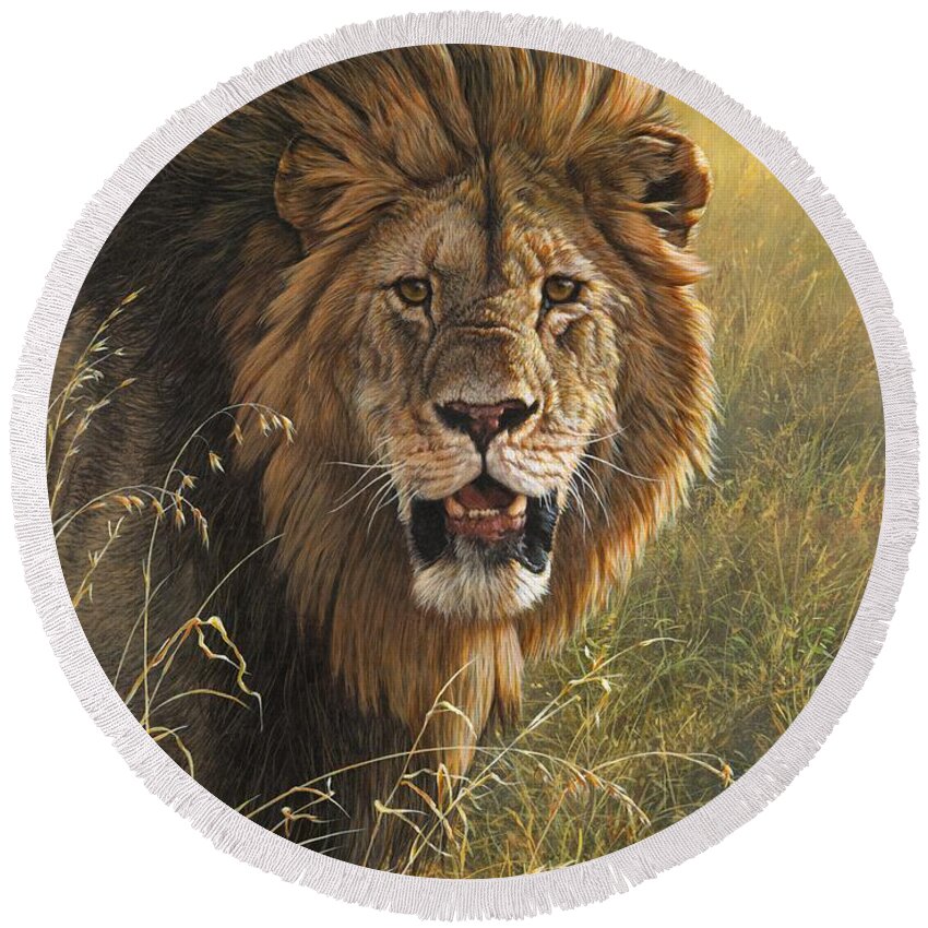 Wildlife Paintings Round Beach Towel featuring the painting Male Lion 2 by Alan M Hunt