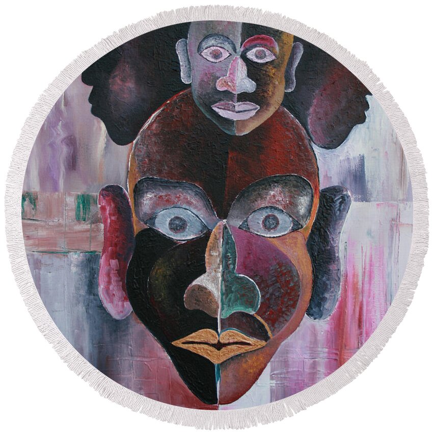 Male Mask Round Beach Towel featuring the painting Male Mask by Obi-Tabot Tabe