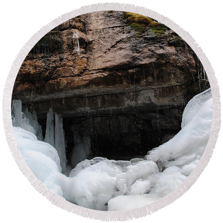 Nature Round Beach Towel featuring the painting Maligne Canyon Winter 1 by Joshua Hogg