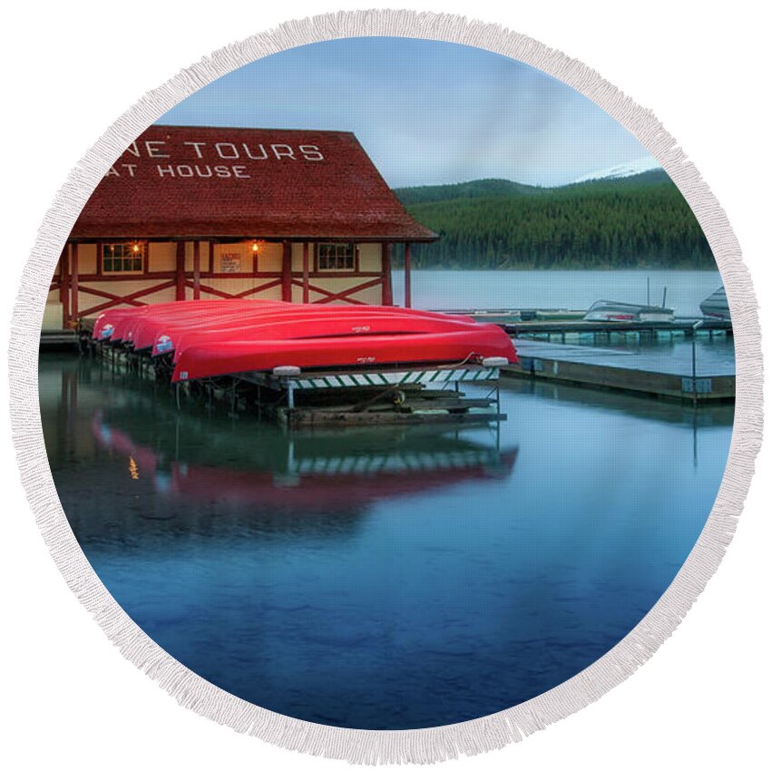 Canada Round Beach Towel featuring the photograph Maligne Tours Boat House by Jerry Fornarotto