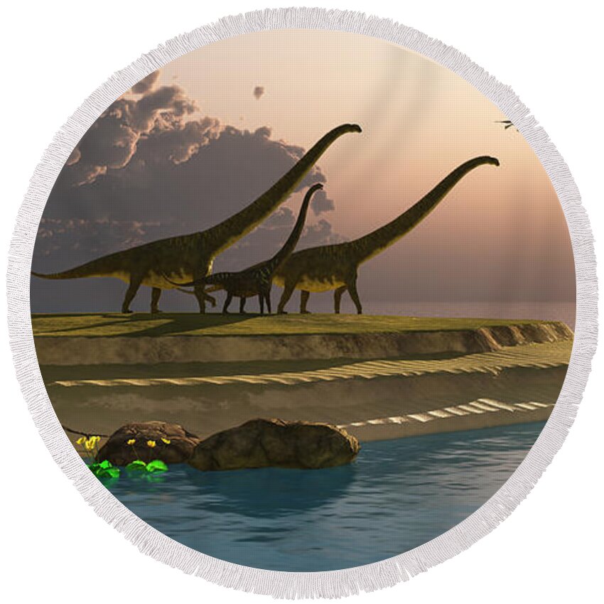 Mamenchisaurus Hochuanensis Round Beach Towel featuring the painting Mamenchisaurus Dinosaur Morning by Corey Ford