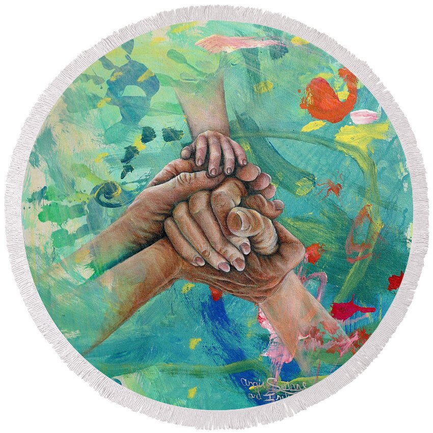 Mother Daughter Art Round Beach Towel featuring the painting Mamma's Hands by Angie Sellars