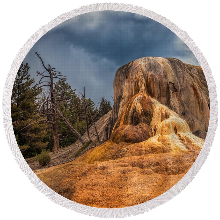 Mammoth Hot Springs Round Beach Towel featuring the photograph Mammoth Under Storm by Rikk Flohr