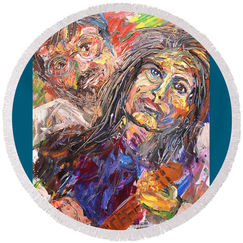 Portraits Round Beach Towel featuring the painting Man behind the women by Madeleine Shulman