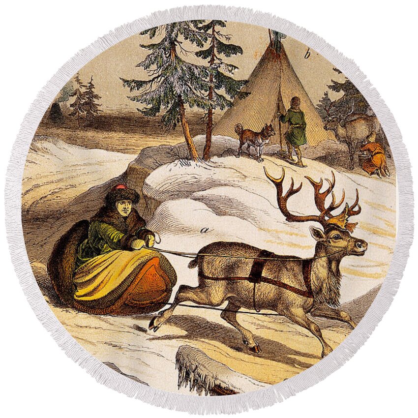 Historic Round Beach Towel featuring the photograph Man Riding Reindeer-drawn Sleigh by Wellcome Images