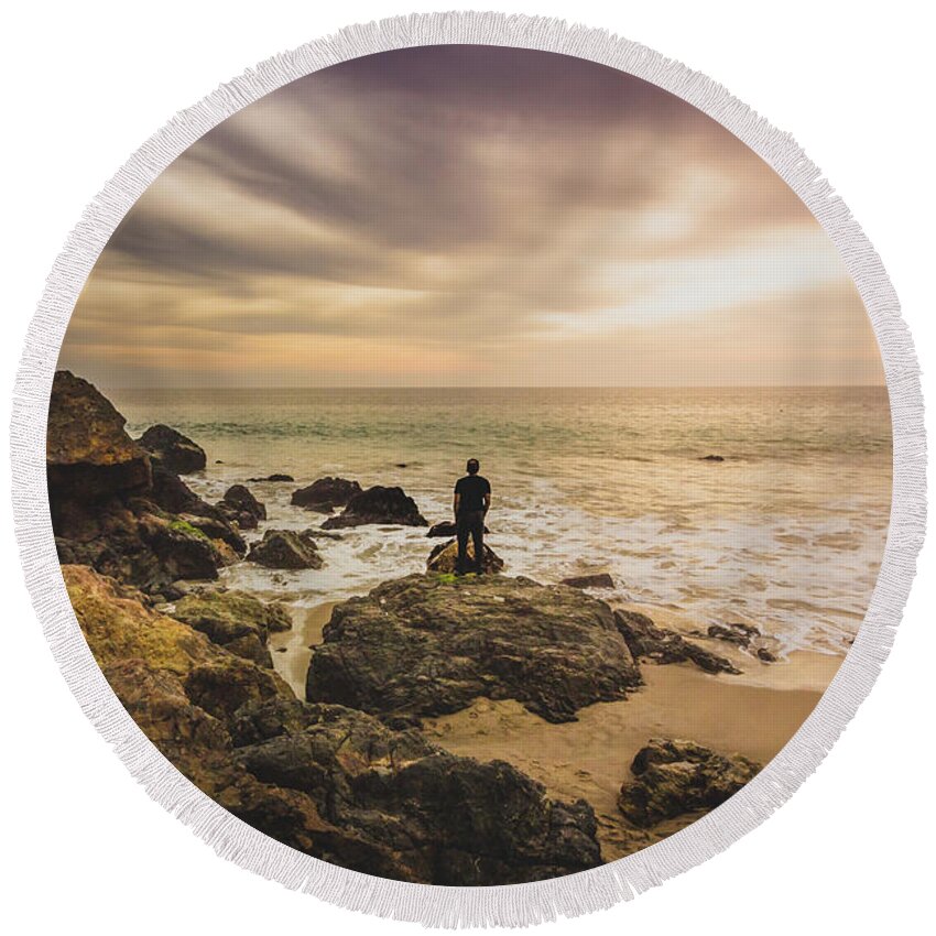 Beach Round Beach Towel featuring the photograph Man Watching Sunset in Malibu by Andy Konieczny