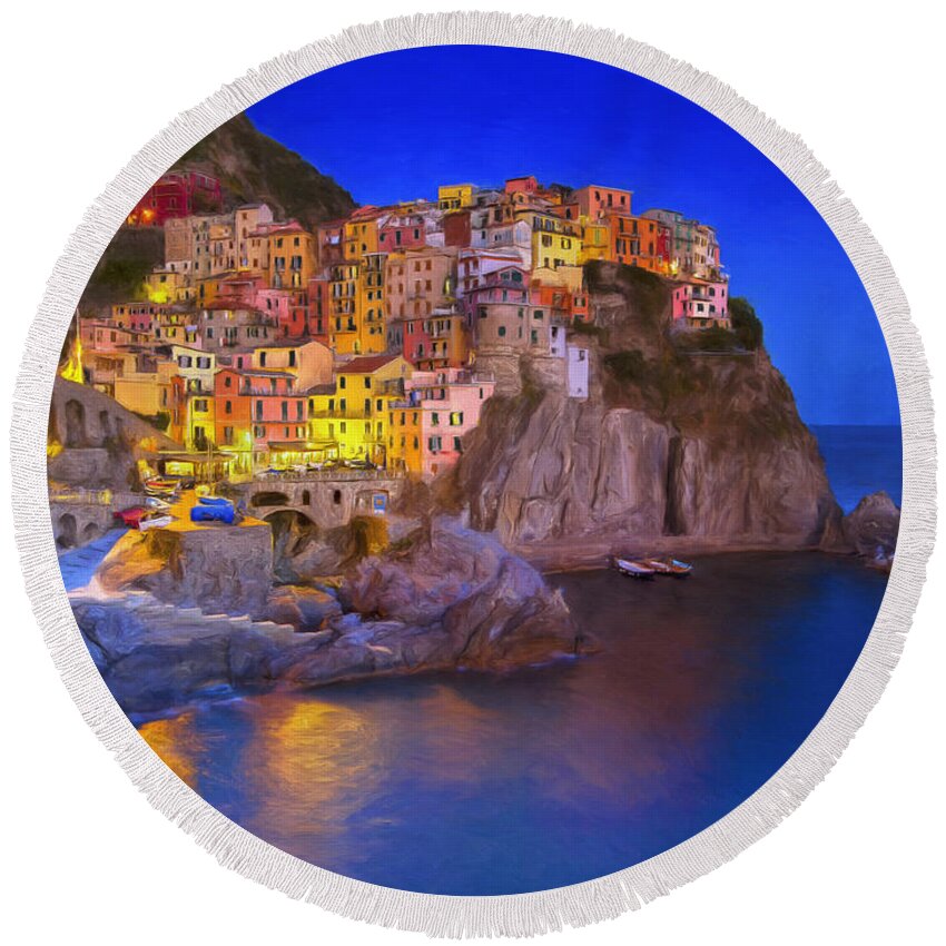 Italy Round Beach Towel featuring the painting Manarola By Moonlight by Dominic Piperata