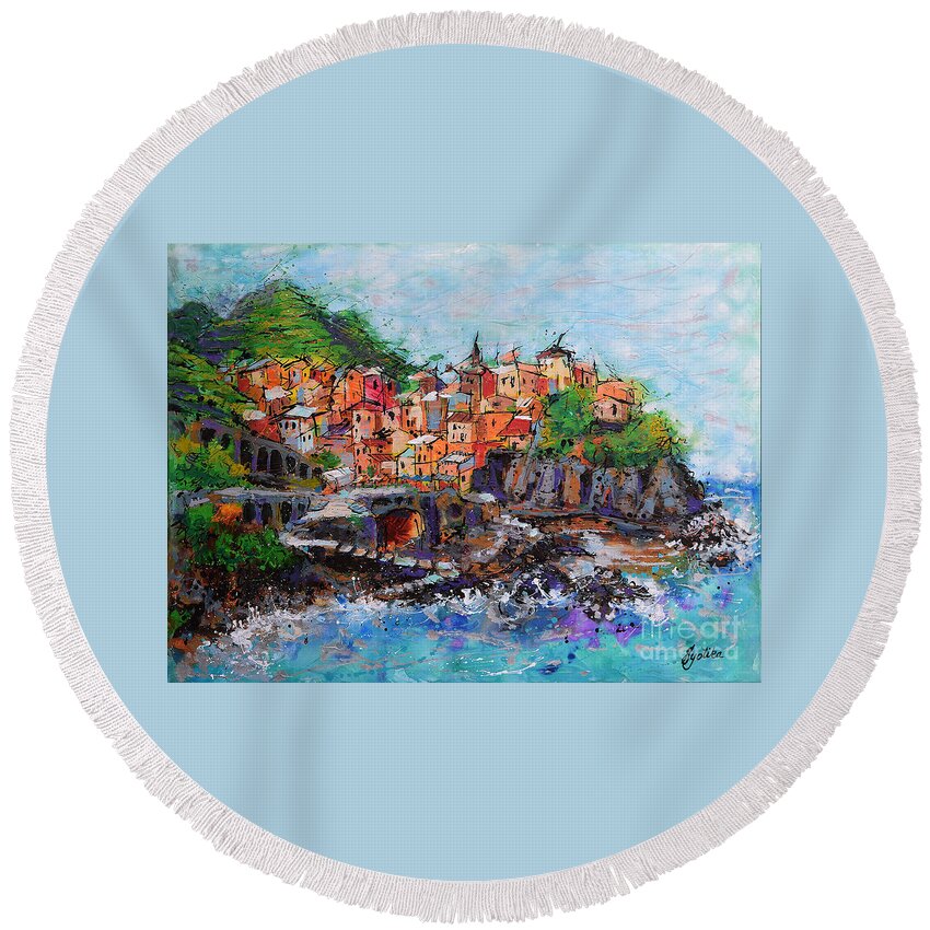  Round Beach Towel featuring the painting Manarola, Cinque Terre, Italy by Jyotika Shroff