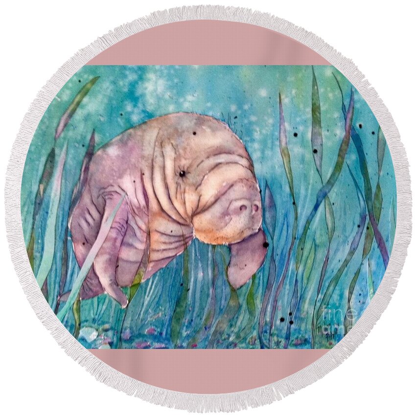 Manatee Round Beach Towel featuring the painting Manatee in the sea grass by Midge Pippel