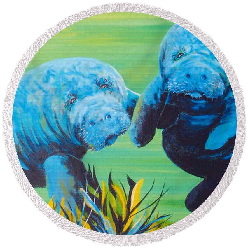 Manatee Round Beach Towel featuring the painting Manatee Love by Susan Kubes