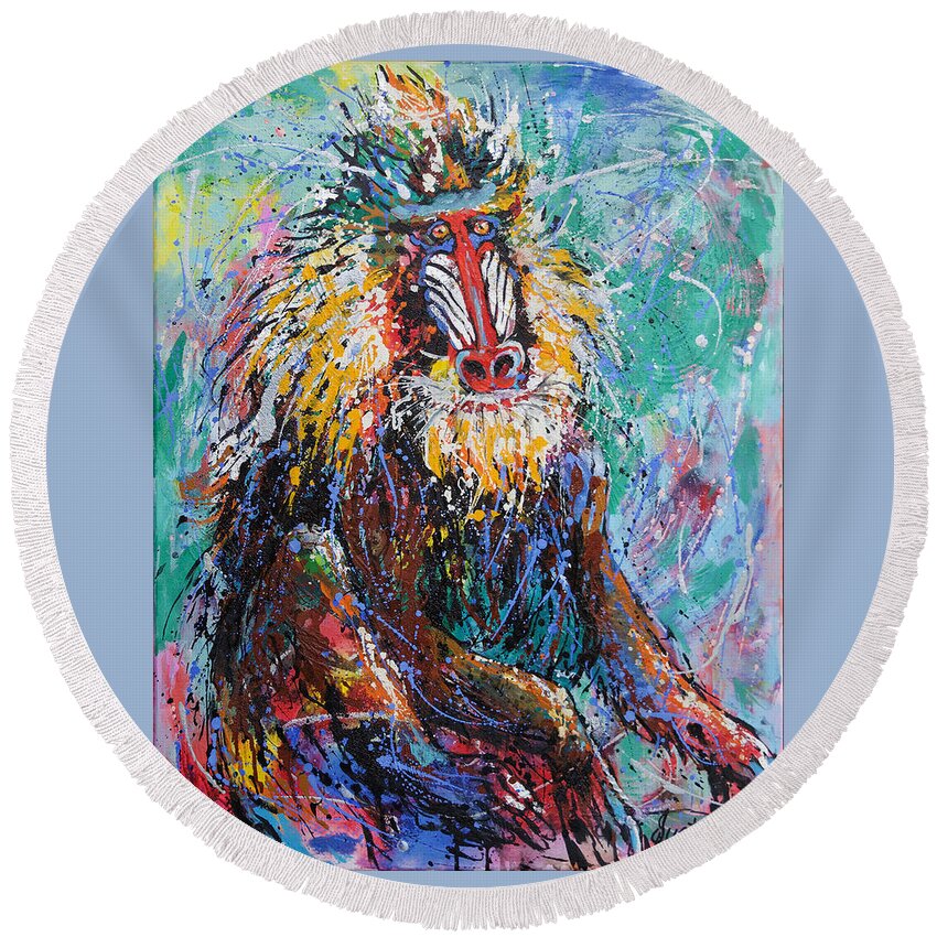 The Mandrill Round Beach Towel featuring the painting Mandrill Baboon by Jyotika Shroff