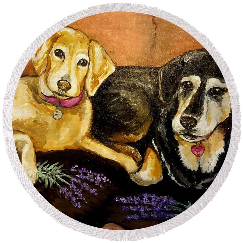 Dogs Round Beach Towel featuring the painting Mandys Girls by Alexandria Weaselwise Busen