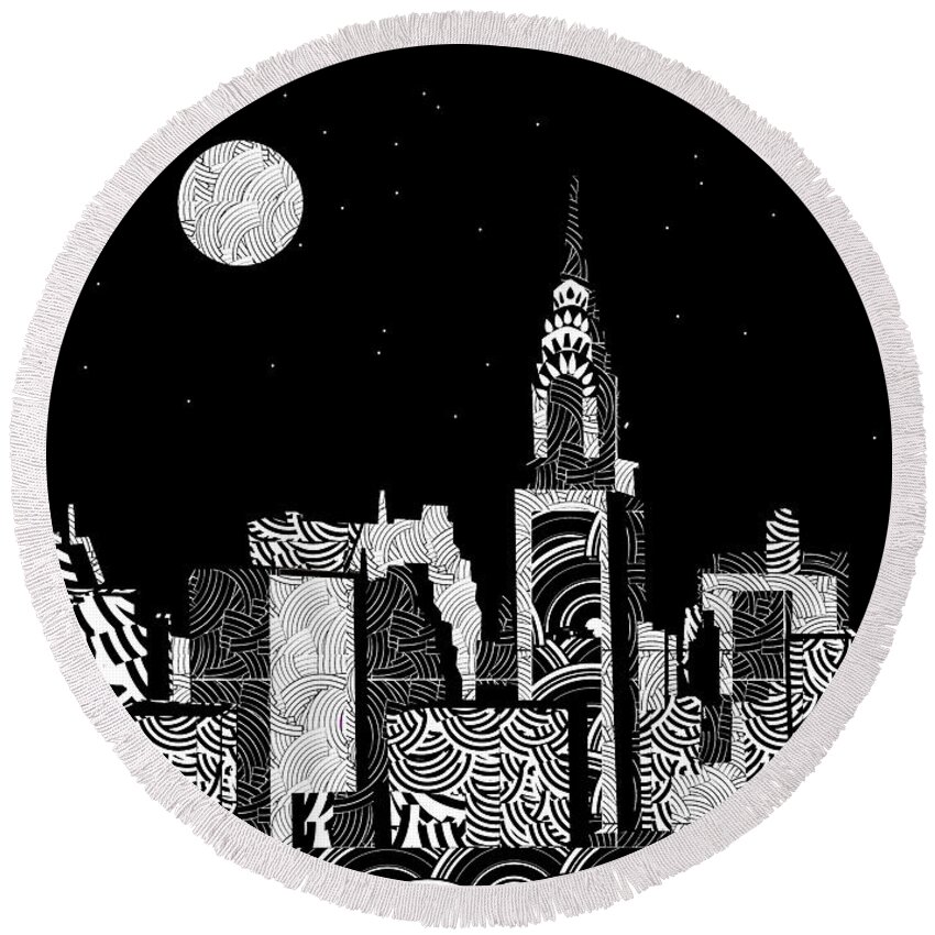 New York Round Beach Towel featuring the mixed media Manhattan Night...New York Deco by Cecely Bloom