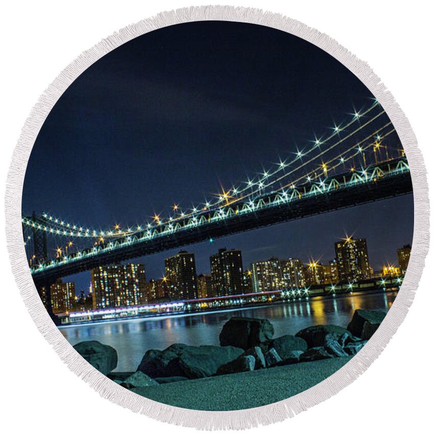 Dumbo Round Beach Towel featuring the photograph Manhattan Bridge from Brooklyn by Peter J DeJesus