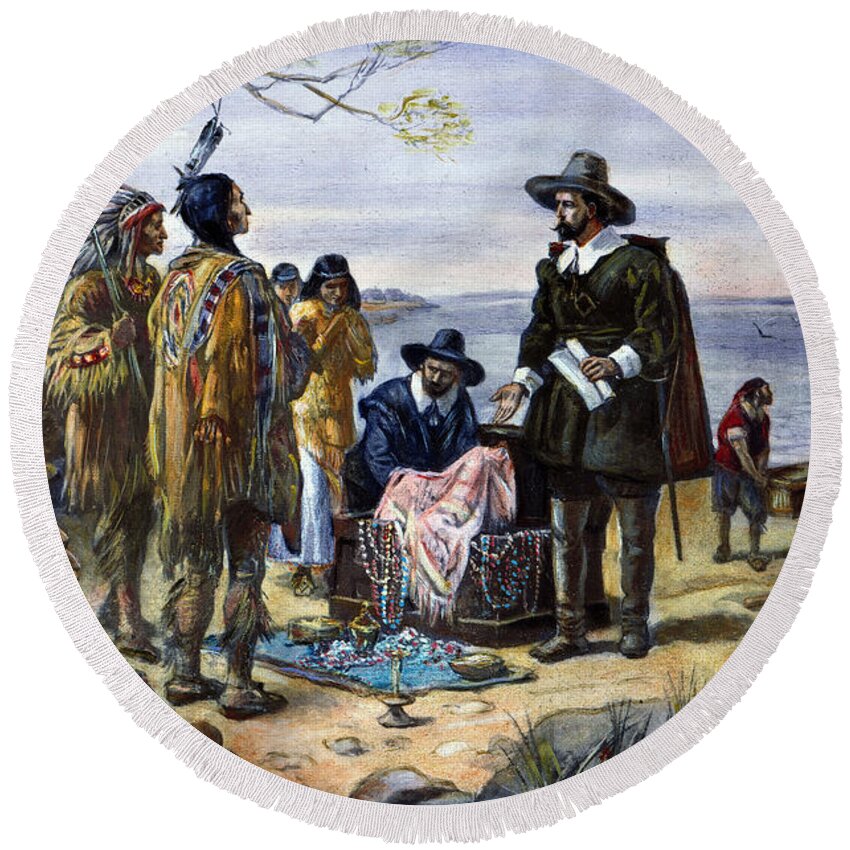 1626 Round Beach Towel featuring the photograph Manhattan Purchase, 1626 by Granger