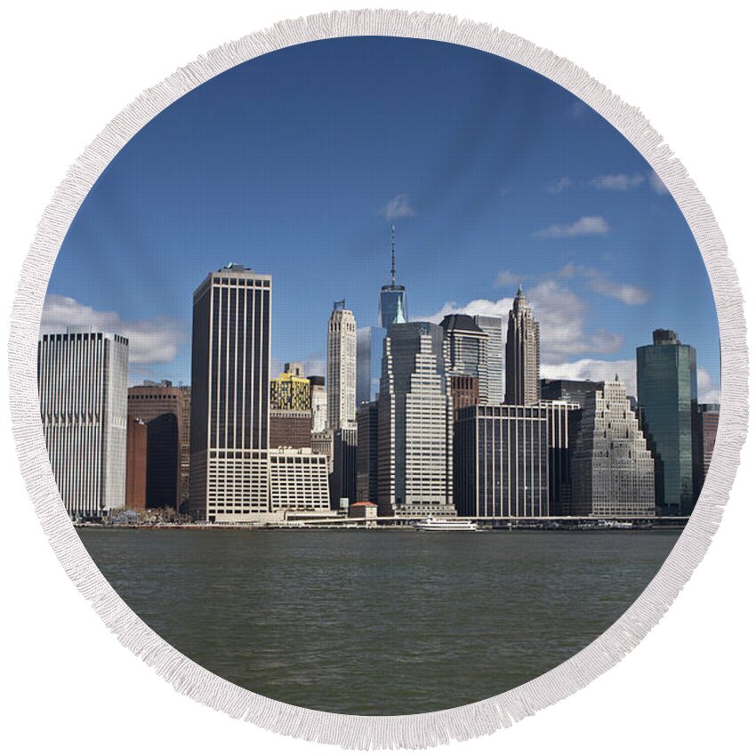 Nyc Round Beach Towel featuring the photograph Manhattan Skyline From Broklyn by Kyle Lee