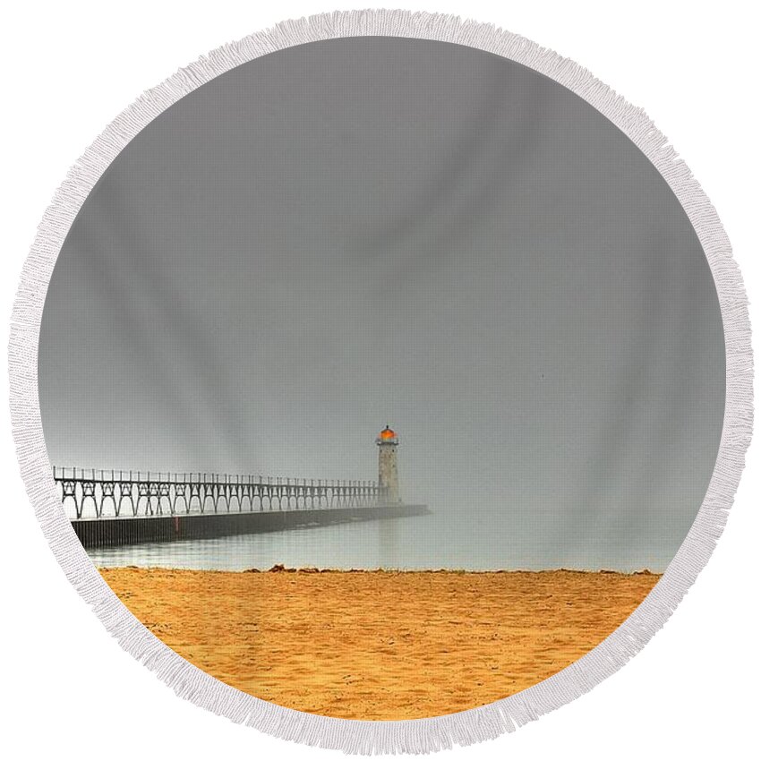 Lighthouse Round Beach Towel featuring the photograph Manistee Light and Fog by Randy Pollard