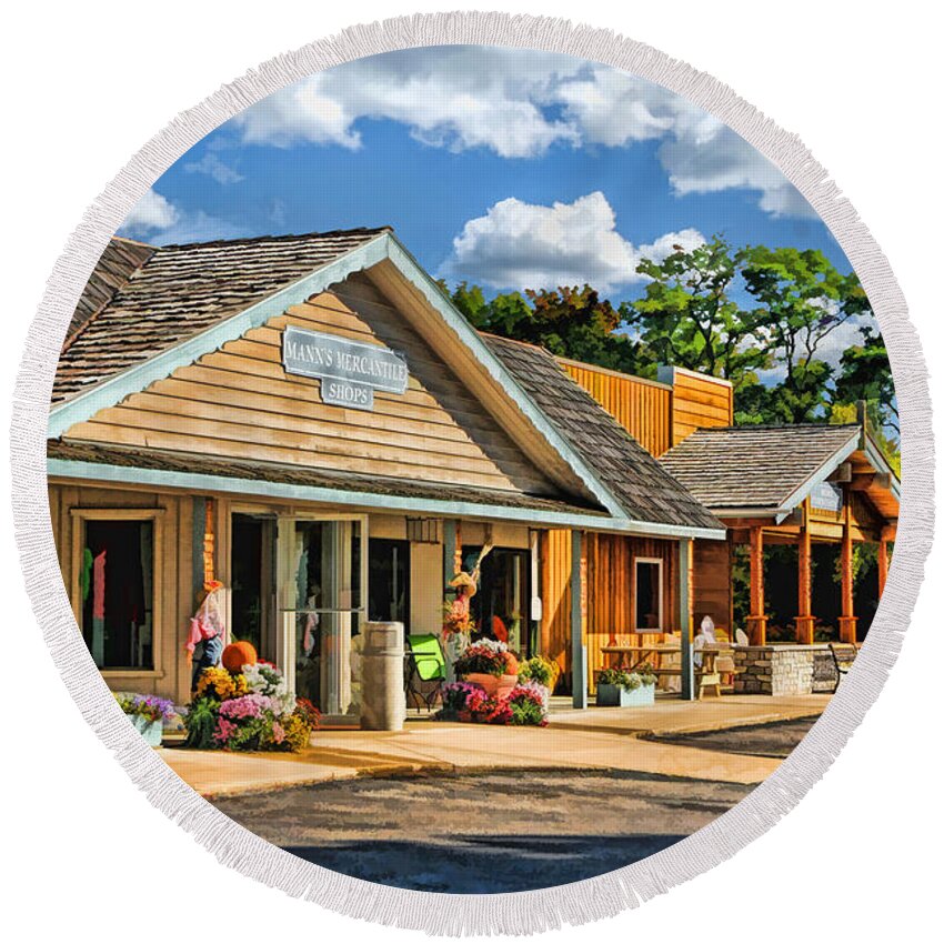 Door County Round Beach Towel featuring the painting Mann's Mercantile Shops on Washington Island Door County by Christopher Arndt
