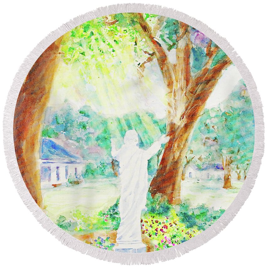 Christian Round Beach Towel featuring the painting Manresa Retreat by Jerry Fair
