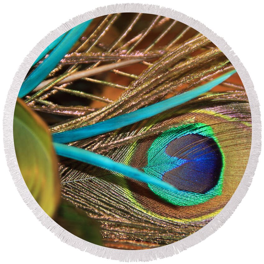 Peacock Round Beach Towel featuring the photograph Many Feathers by Angela Murdock