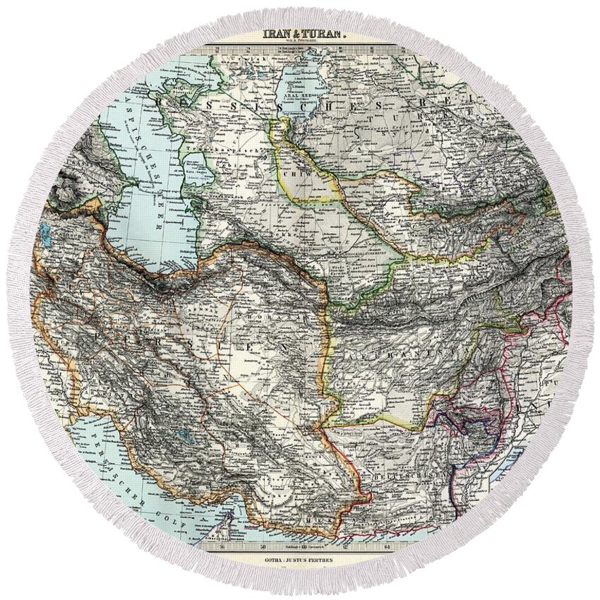 Map Of Iran And Turan In Qajar Dynasty Drawn By Adolf Stieler - 1891 Round Beach Towel featuring the painting Map of Iran and Turan in Qajar dynasty drawn by Adolf Stieler by Celestial Images